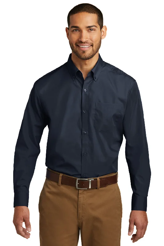 Port Authority Mens Carefree Stain Resistant Long Sleeve Button Down Shirt w/ Pocket - River Navy Blue