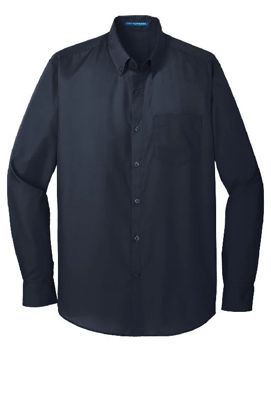 Port Authority Mens Carefree Stain Resistant Long Sleeve Button Down Shirt w/ Pocket - River Navy Blue