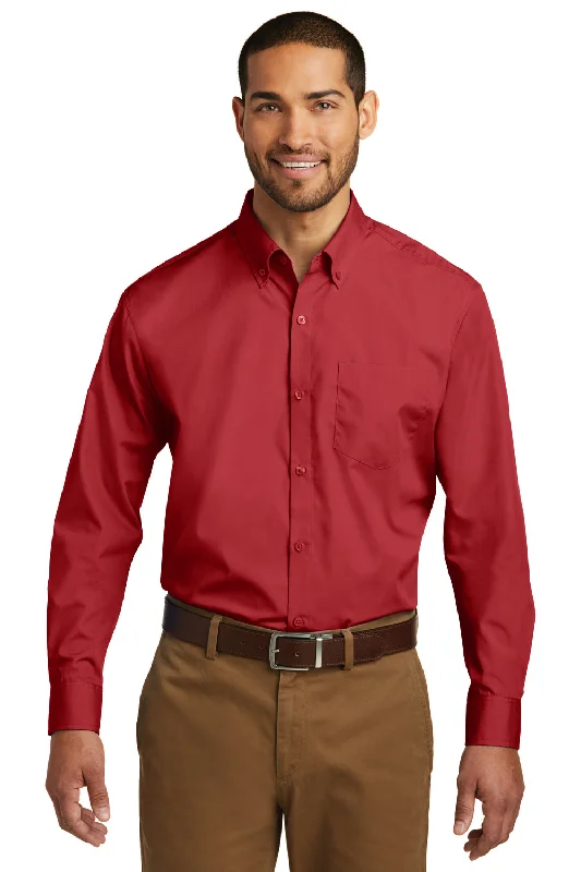 Port Authority Mens Carefree Stain Resistant Long Sleeve Button Down Shirt w/ Pocket - Rich Red