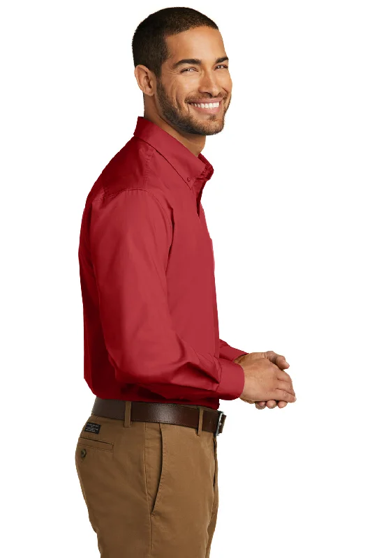 Port Authority Mens Carefree Stain Resistant Long Sleeve Button Down Shirt w/ Pocket - Rich Red