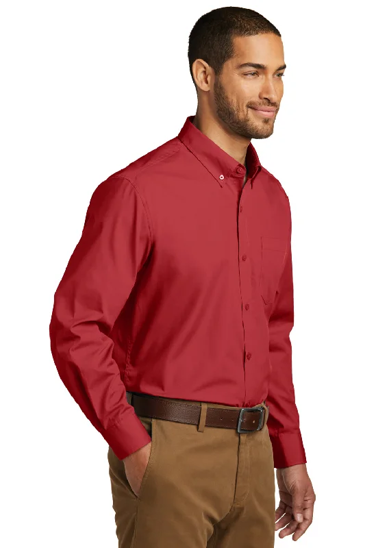 Port Authority Mens Carefree Stain Resistant Long Sleeve Button Down Shirt w/ Pocket - Rich Red