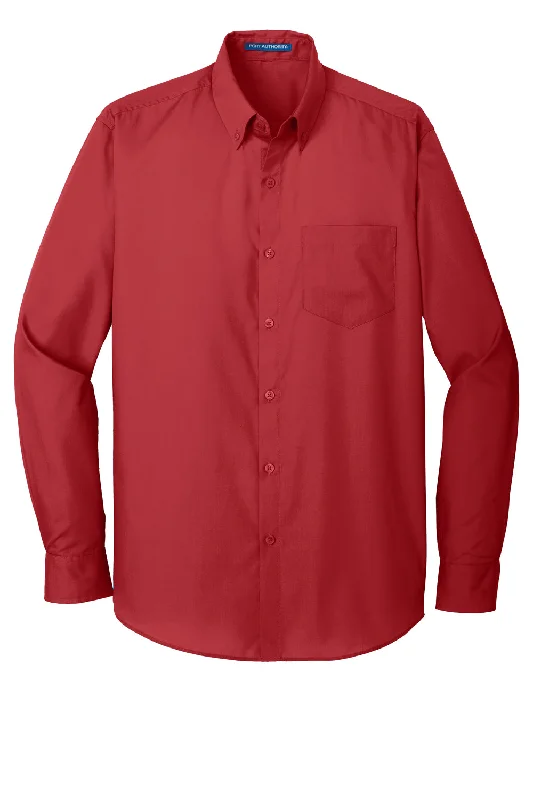 Port Authority Mens Carefree Stain Resistant Long Sleeve Button Down Shirt w/ Pocket - Rich Red