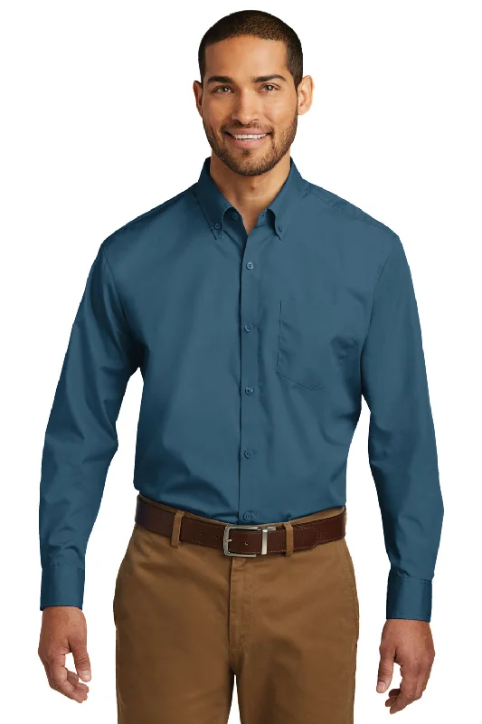 Port Authority Mens Carefree Stain Resistant Long Sleeve Button Down Shirt w/ Pocket - Dusty Blue