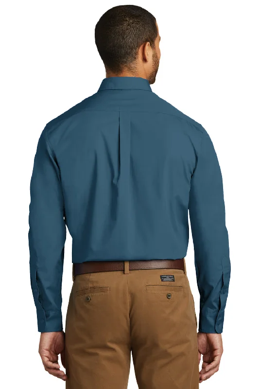 Port Authority Mens Carefree Stain Resistant Long Sleeve Button Down Shirt w/ Pocket - Dusty Blue