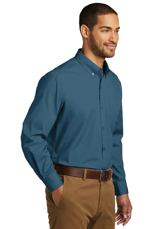 Port Authority Mens Carefree Stain Resistant Long Sleeve Button Down Shirt w/ Pocket - Dusty Blue