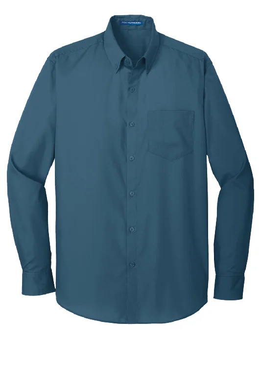 Port Authority Mens Carefree Stain Resistant Long Sleeve Button Down Shirt w/ Pocket - Dusty Blue