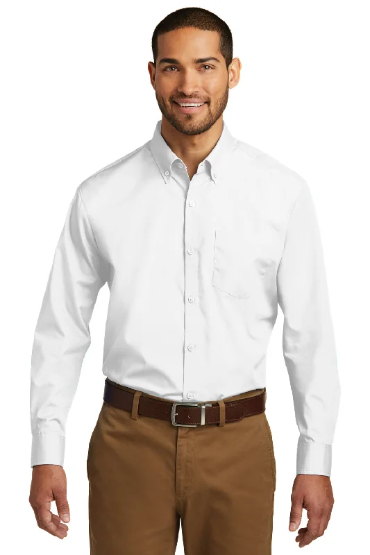 Port Authority Mens Carefree Stain Resistant Long Sleeve Button Down Shirt w/ Pocket - White