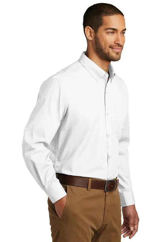 Port Authority Mens Carefree Stain Resistant Long Sleeve Button Down Shirt w/ Pocket - White