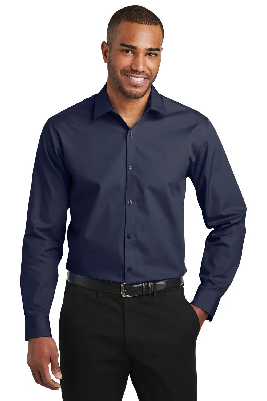 Port Authority Mens Carefree Stain Resistant Long Sleeve Button Down Shirt - River Navy Blue - Closeout