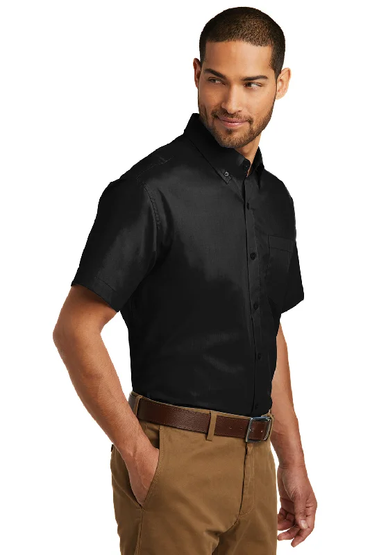 Port Authority Mens Carefree Stain Resistant Short Sleeve Button Down Shirt w/ Pocket - Deep Black