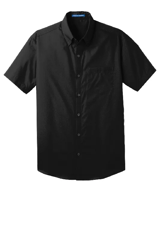 Port Authority Mens Carefree Stain Resistant Short Sleeve Button Down Shirt w/ Pocket - Deep Black