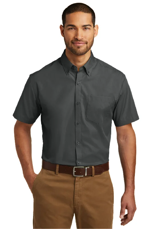 Port Authority Mens Carefree Stain Resistant Short Sleeve Button Down Shirt w/ Pocket - Graphite Grey