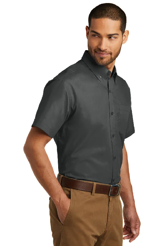 Port Authority Mens Carefree Stain Resistant Short Sleeve Button Down Shirt w/ Pocket - Graphite Grey