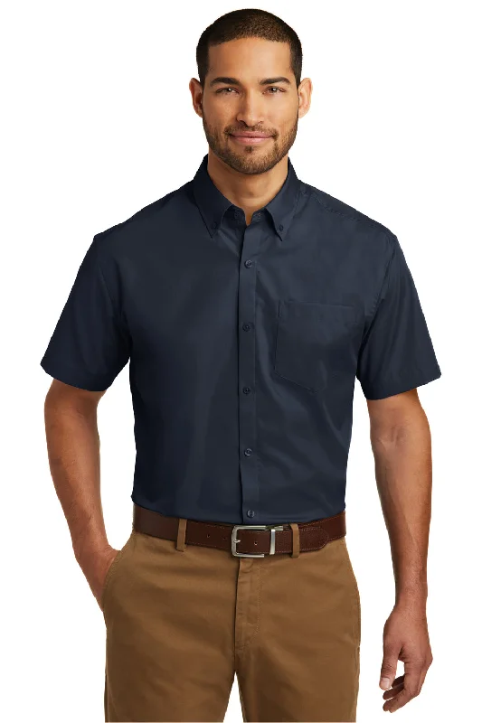 Port Authority Mens Carefree Stain Resistant Short Sleeve Button Down Shirt w/ Pocket - River Navy Blue