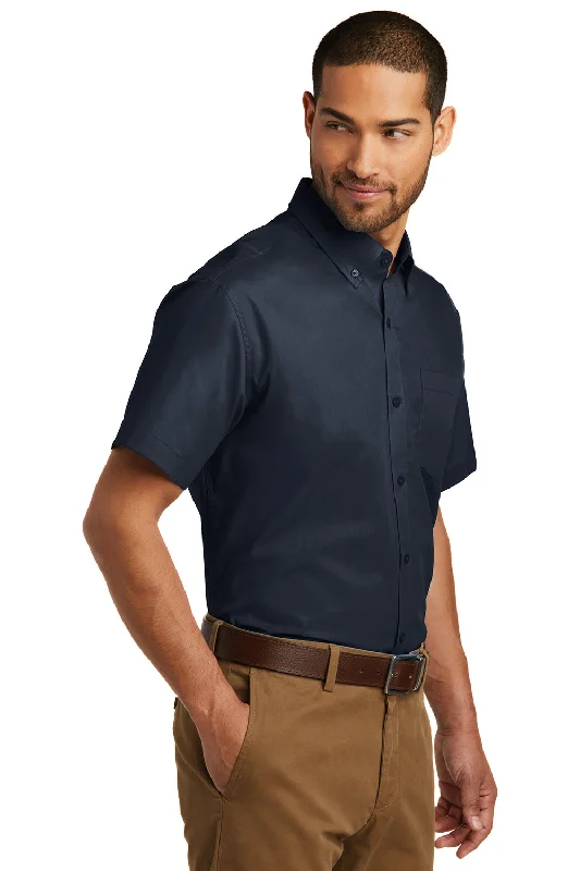 Port Authority Mens Carefree Stain Resistant Short Sleeve Button Down Shirt w/ Pocket - River Navy Blue