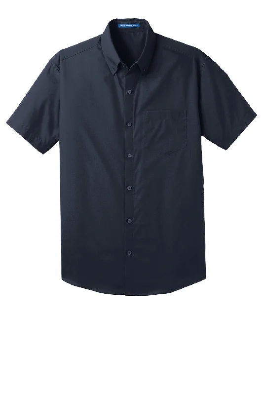 Port Authority Mens Carefree Stain Resistant Short Sleeve Button Down Shirt w/ Pocket - River Navy Blue