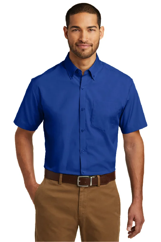 Port Authority Mens Carefree Stain Resistant Short Sleeve Button Down Shirt w/ Pocket - True Royal Blue