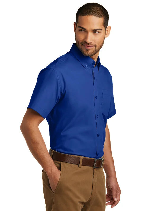 Port Authority Mens Carefree Stain Resistant Short Sleeve Button Down Shirt w/ Pocket - True Royal Blue