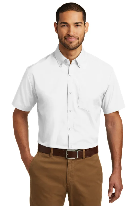 Port Authority Mens Carefree Stain Resistant Short Sleeve Button Down Shirt w/ Pocket - White