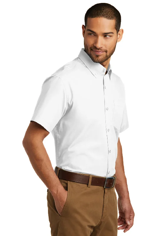 Port Authority Mens Carefree Stain Resistant Short Sleeve Button Down Shirt w/ Pocket - White