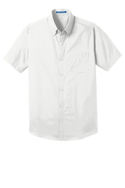 Port Authority Mens Carefree Stain Resistant Short Sleeve Button Down Shirt w/ Pocket - White