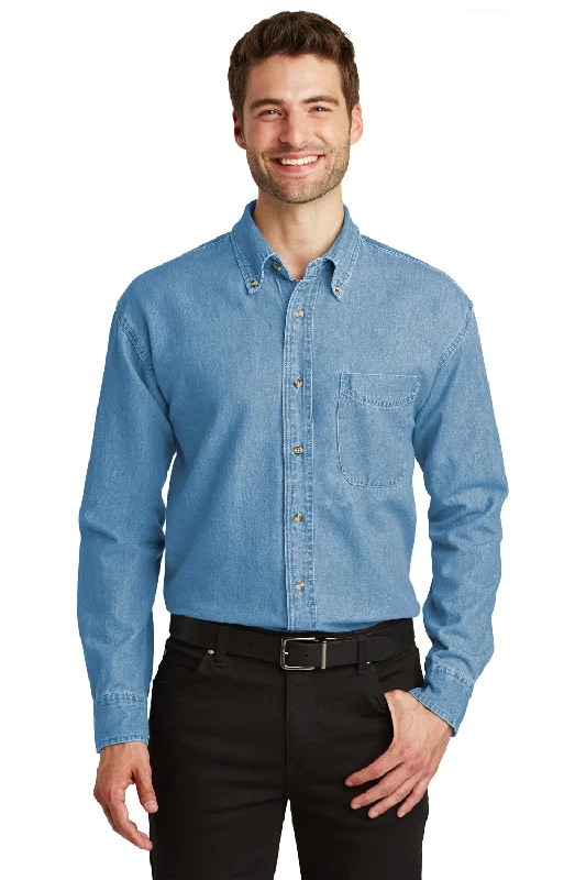 Port Authority Mens Denim Long Sleeve Button Down Shirt w/ Pocket - Faded Blue