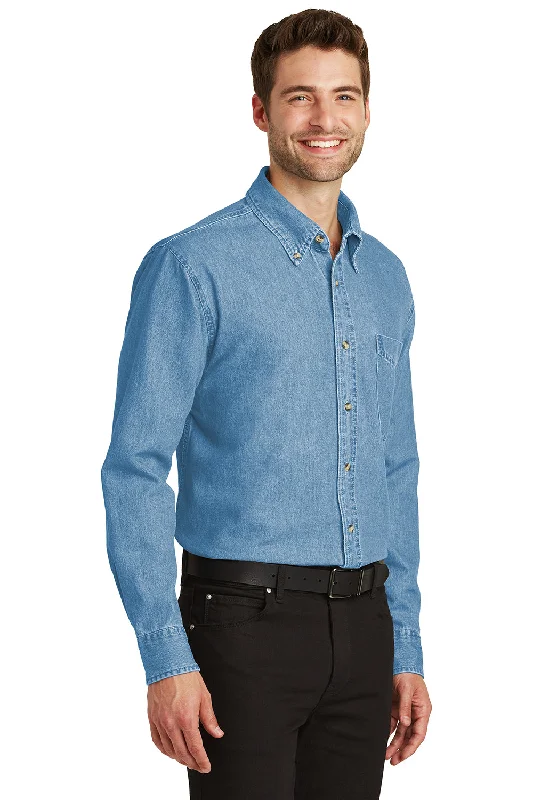 Port Authority Mens Denim Long Sleeve Button Down Shirt w/ Pocket - Faded Blue