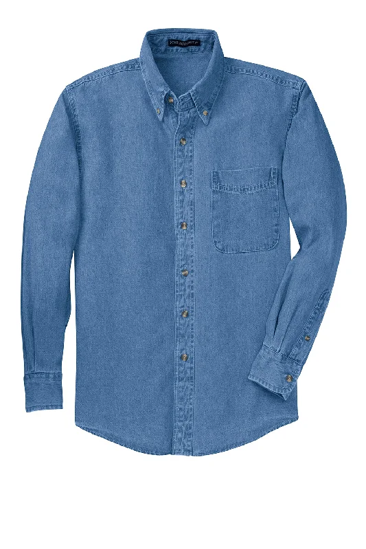 Port Authority Mens Denim Long Sleeve Button Down Shirt w/ Pocket - Faded Blue