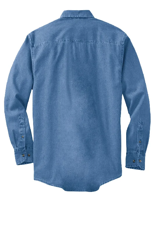 Port Authority Mens Denim Long Sleeve Button Down Shirt w/ Pocket - Faded Blue