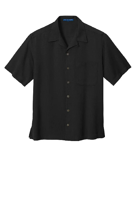 Port Authority Mens Easy Care Stain Resistant Short Sleeve Button Down Camp Shirt w/ Pocket - Black