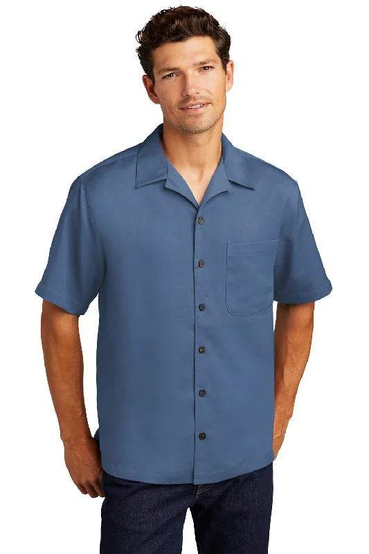 Port Authority Mens Easy Care Stain Resistant Short Sleeve Button Down Camp Shirt w/ Pocket - Blue