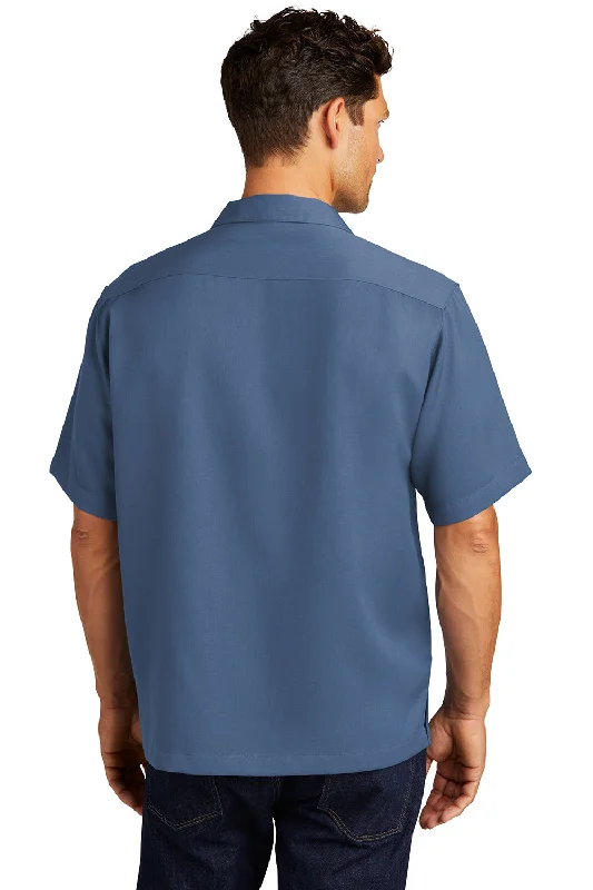 Port Authority Mens Easy Care Stain Resistant Short Sleeve Button Down Camp Shirt w/ Pocket - Blue