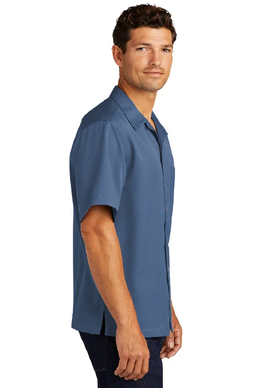 Port Authority Mens Easy Care Stain Resistant Short Sleeve Button Down Camp Shirt w/ Pocket - Blue