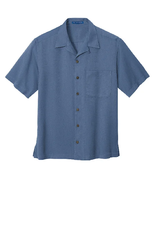 Port Authority Mens Easy Care Stain Resistant Short Sleeve Button Down Camp Shirt w/ Pocket - Blue