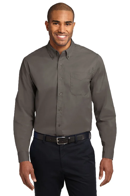 Port Authority Mens Easy Care Wrinkle Resistant Long Sleeve Button Down Shirt w/ Pocket - Bark Brown - Closeout