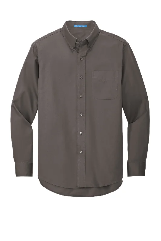 Port Authority Mens Easy Care Wrinkle Resistant Long Sleeve Button Down Shirt w/ Pocket - Bark Brown - Closeout