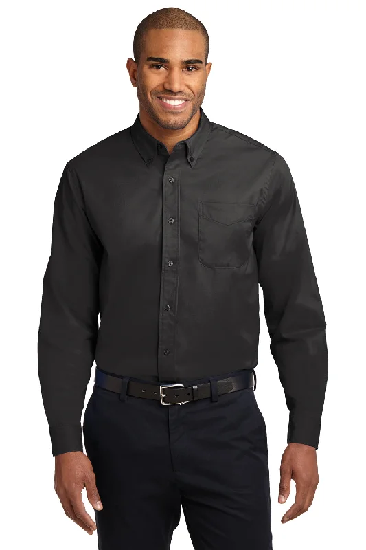 Port Authority Mens Easy Care Wrinkle Resistant Long Sleeve Button Down Shirt w/ Pocket - Black