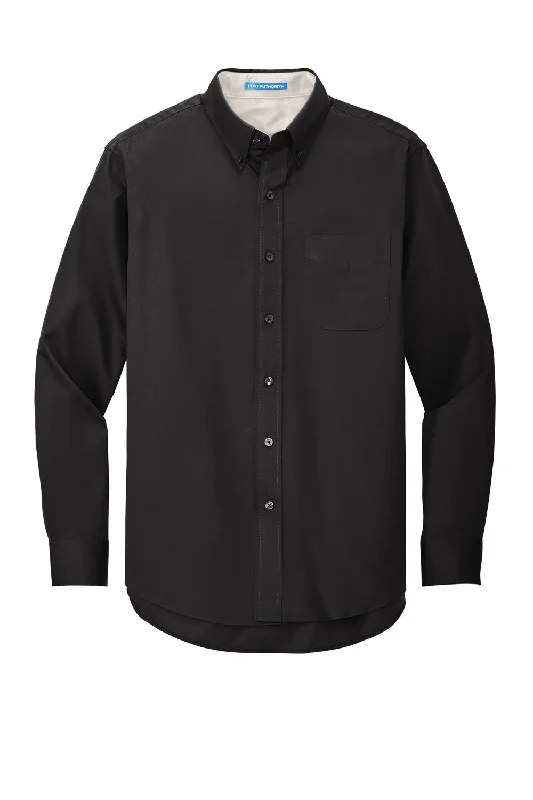 Port Authority Mens Easy Care Wrinkle Resistant Long Sleeve Button Down Shirt w/ Pocket - Black