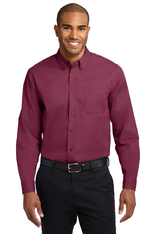 Port Authority Mens Easy Care Wrinkle Resistant Long Sleeve Button Down Shirt w/ Pocket - Burgundy