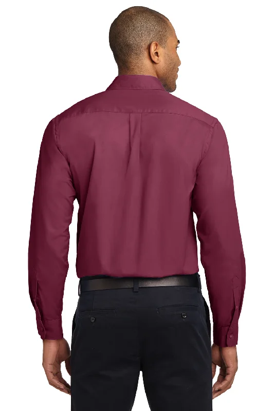 Port Authority Mens Easy Care Wrinkle Resistant Long Sleeve Button Down Shirt w/ Pocket - Burgundy