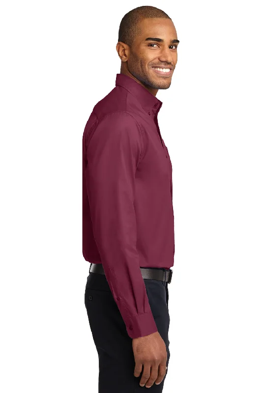 Port Authority Mens Easy Care Wrinkle Resistant Long Sleeve Button Down Shirt w/ Pocket - Burgundy