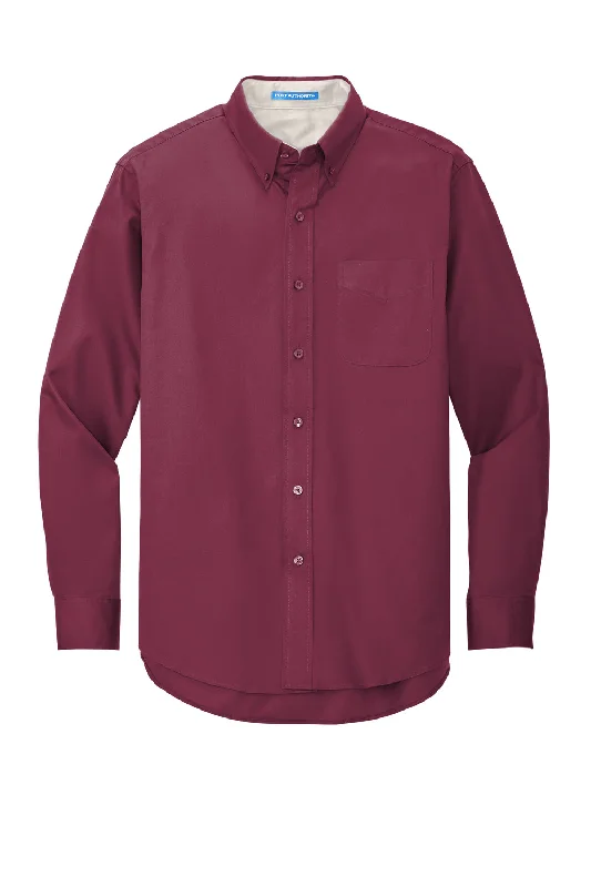 Port Authority Mens Easy Care Wrinkle Resistant Long Sleeve Button Down Shirt w/ Pocket - Burgundy