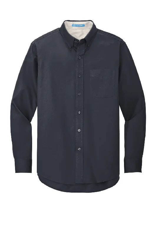 Port Authority Mens Easy Care Wrinkle Resistant Long Sleeve Button Down Shirt w/ Pocket - Classic Navy Blue