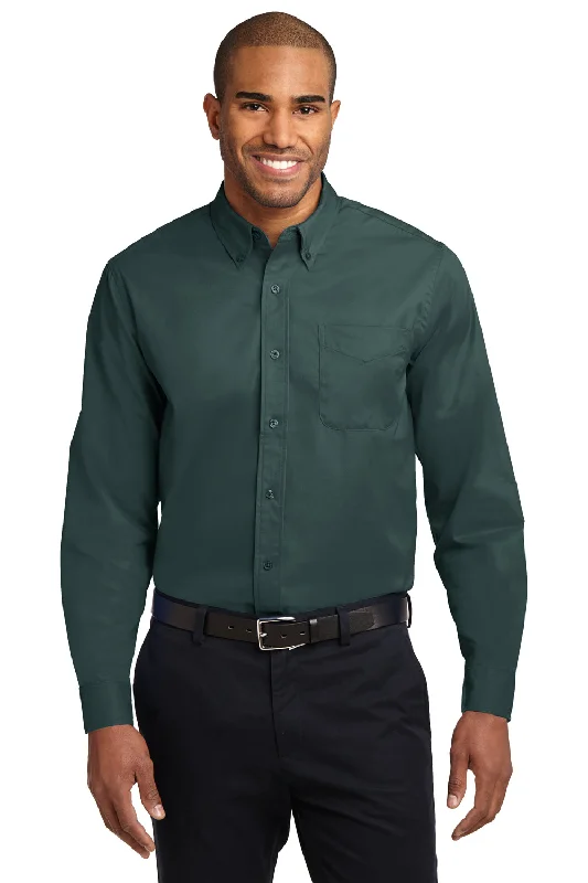 Port Authority Mens Easy Care Wrinkle Resistant Long Sleeve Button Down Shirt w/ Pocket - Dark Green