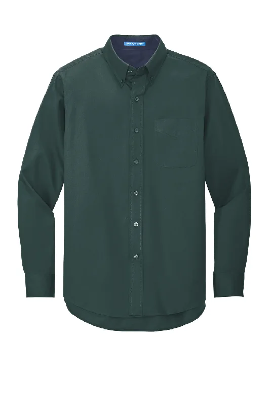 Port Authority Mens Easy Care Wrinkle Resistant Long Sleeve Button Down Shirt w/ Pocket - Dark Green