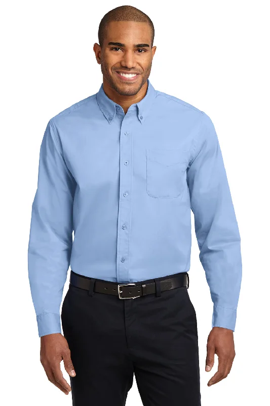 Port Authority Mens Easy Care Wrinkle Resistant Long Sleeve Button Down Shirt w/ Pocket - Light Blue