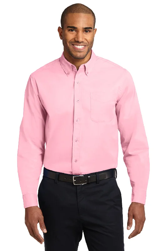 Port Authority Mens Easy Care Wrinkle Resistant Long Sleeve Button Down Shirt w/ Pocket - Light Pink