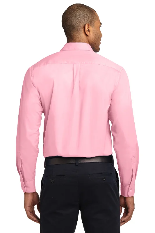 Port Authority Mens Easy Care Wrinkle Resistant Long Sleeve Button Down Shirt w/ Pocket - Light Pink