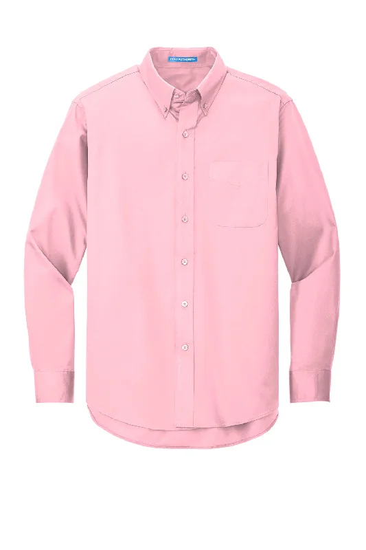 Port Authority Mens Easy Care Wrinkle Resistant Long Sleeve Button Down Shirt w/ Pocket - Light Pink