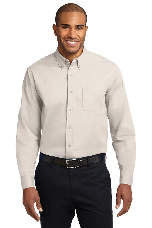 Port Authority Mens Easy Care Wrinkle Resistant Long Sleeve Button Down Shirt w/ Pocket - Light Stone